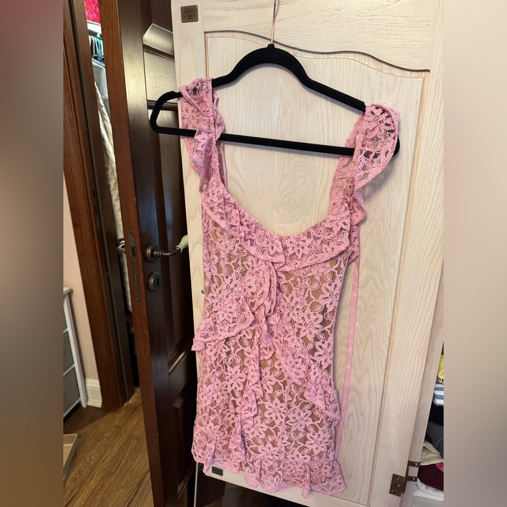 MAJORELLE Pink and Tan Lace Dress